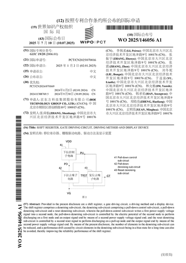 涨8 京东方Ａ公布国际专利申请：“移位寄存器、栅极驱动电路、驱动方法及显示装置”